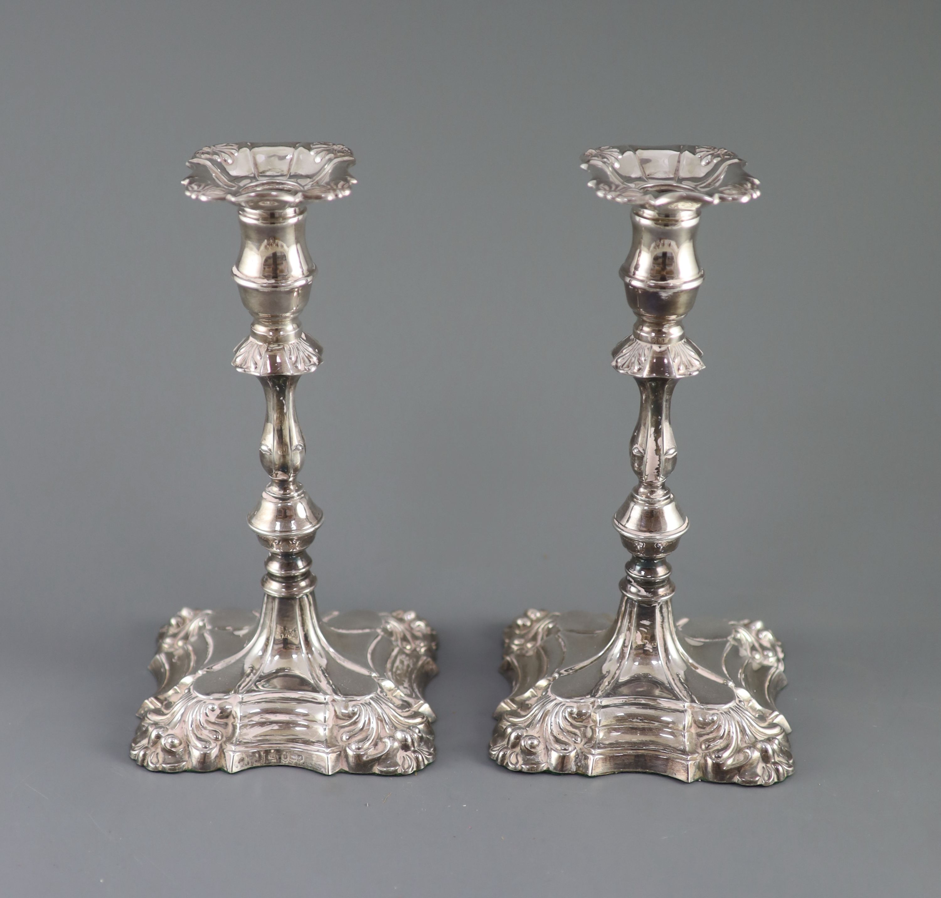 A modern pair of silver two branch, three light candelabra by Roberts & Belk